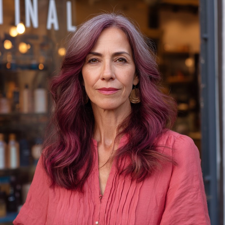 Stylish Deep Plum Waves with Subtle Face-Framing Layers