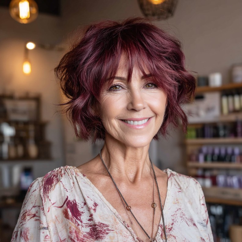 Textured Burgundy Shag with Soft Bangs