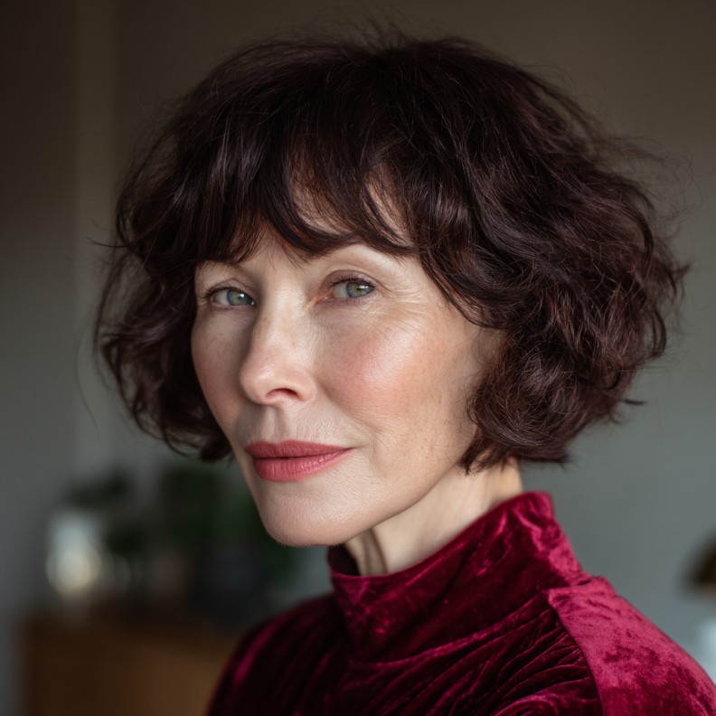 Textured Red Wine Curly Bob with Soft Layers
