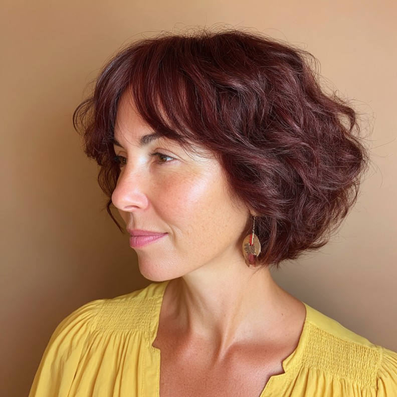 Textured Short Red Wine Curls with Soft Fringe