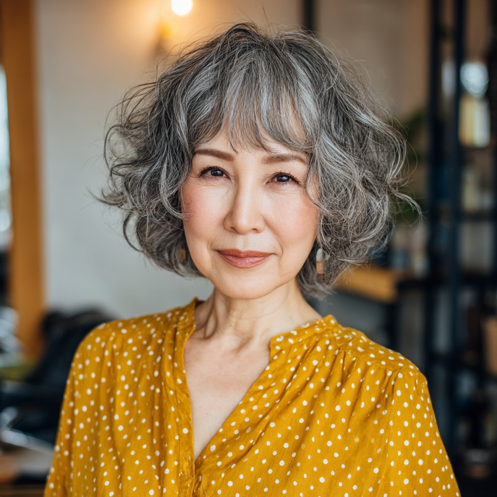 Chic Curly Bob with Natural Gray Highlights