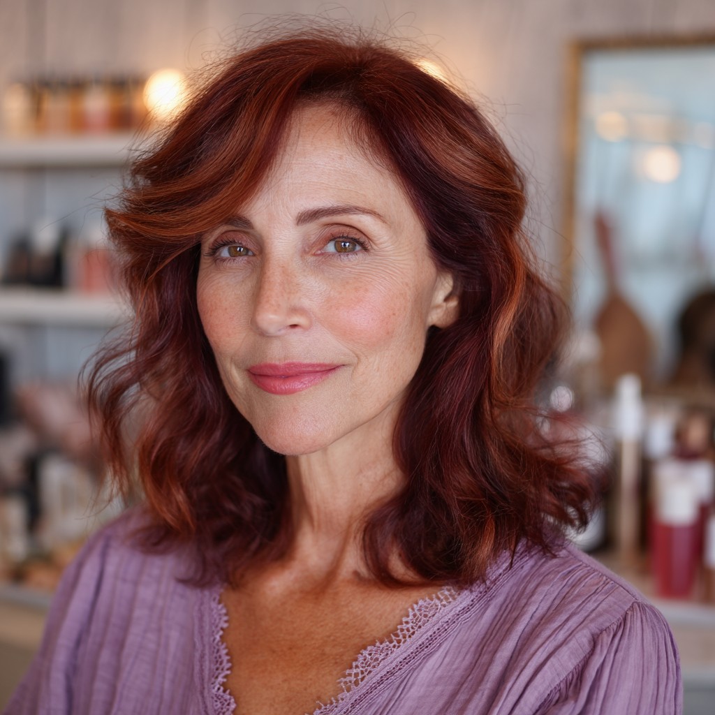 Elegant Fire Engine Red Shoulder-Length Waves with Face-Framing Layers