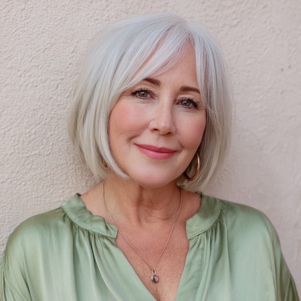 Soft Silver Blunt Bob with Gentle Face-Framing Layers