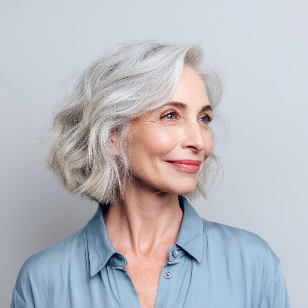 Softly Textured Silver Bob with Gentle Waves