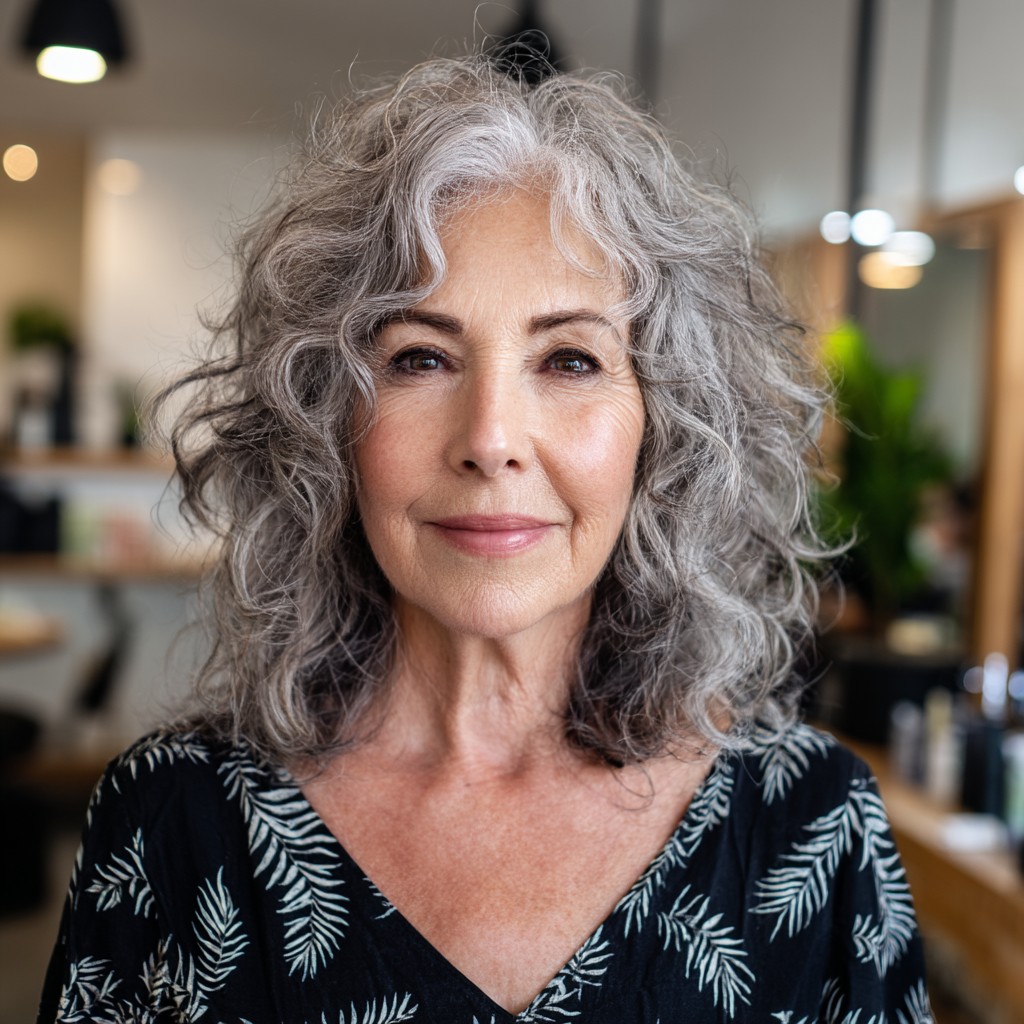 Chic Curly Shoulder-Length Cut with Soft Natural Highlights
