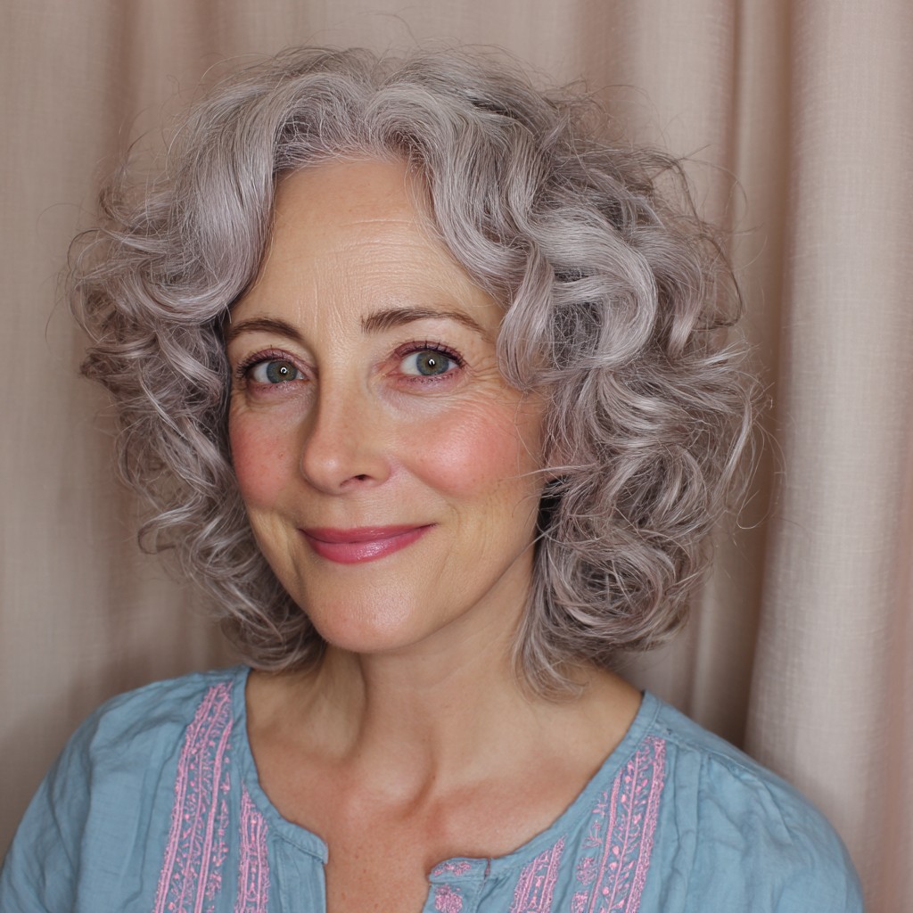 Chic Curly Silver Lob with Defined Waves