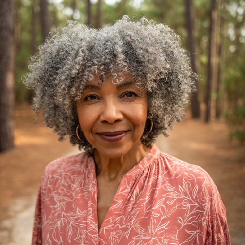 Chic Defined Curly Afro with Subtle Silver Highlights