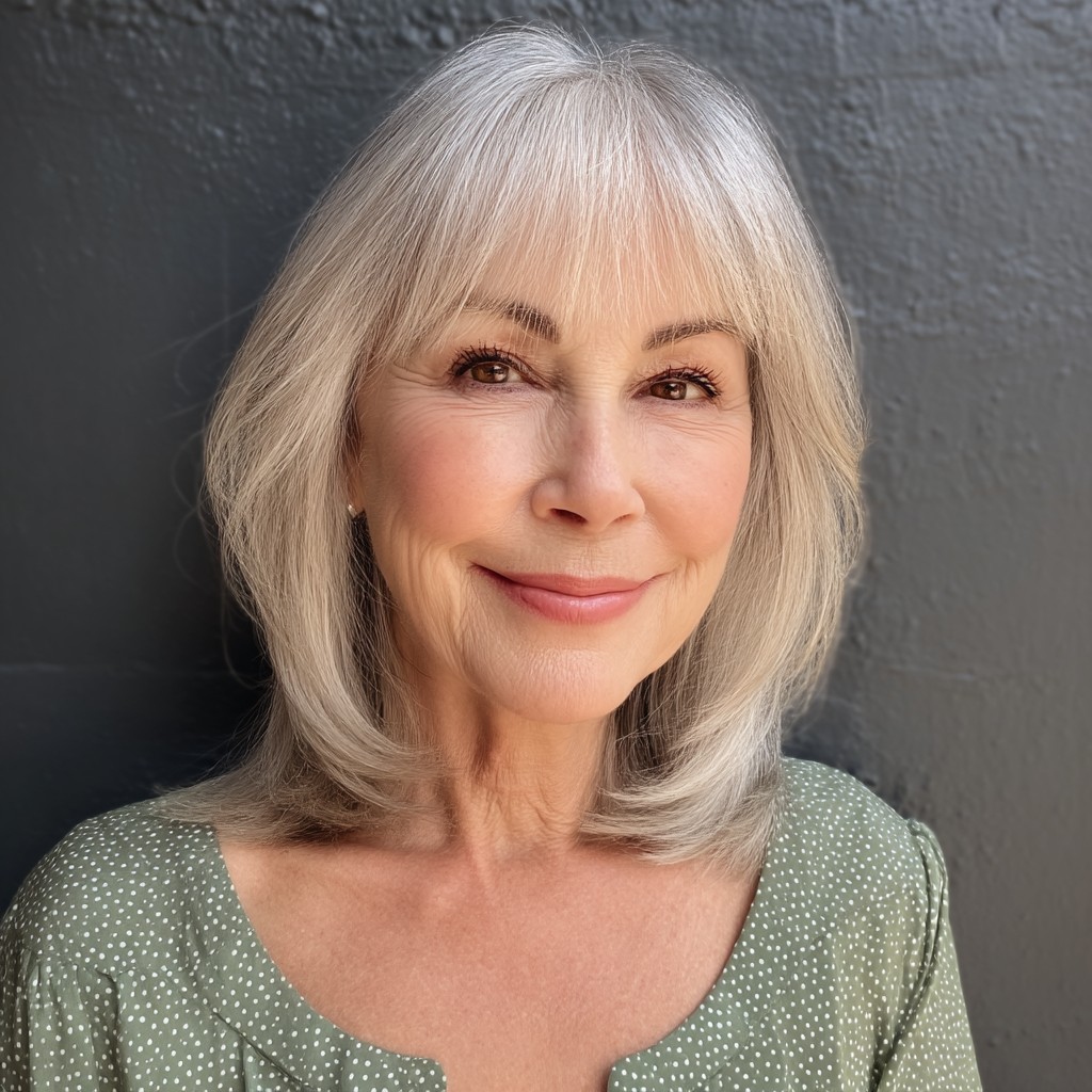 Chic Layered Silver Shoulder-Length Cut with Soft Bangs