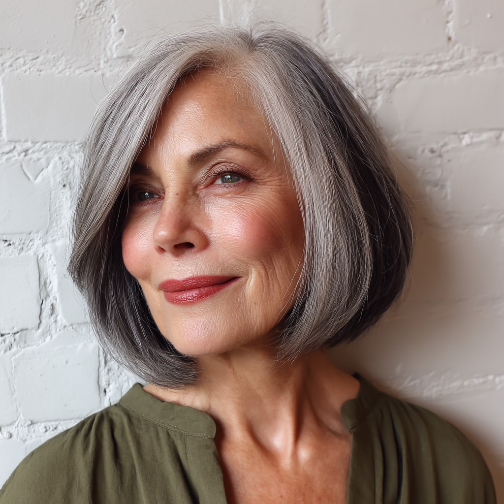 Chic Velvet Edge Bob with Soft Silvery Highlights