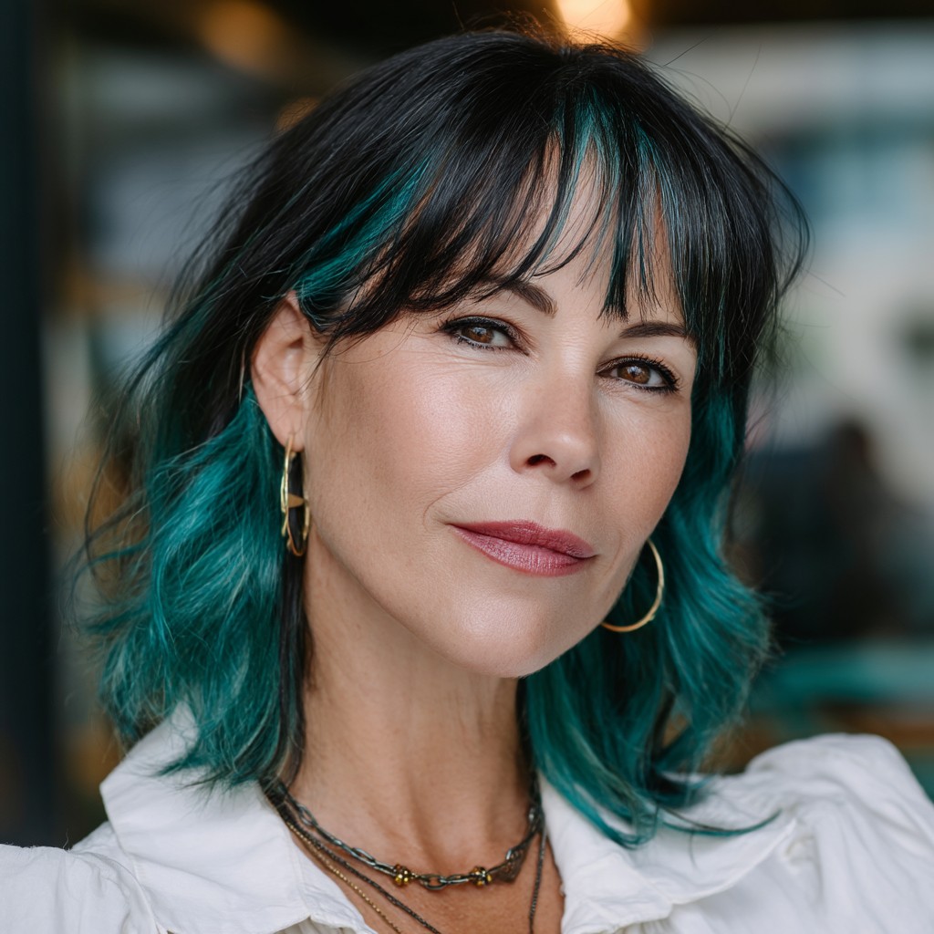 Edgy Teal-Dipped Shoulder-Length Bob with Soft Bangs