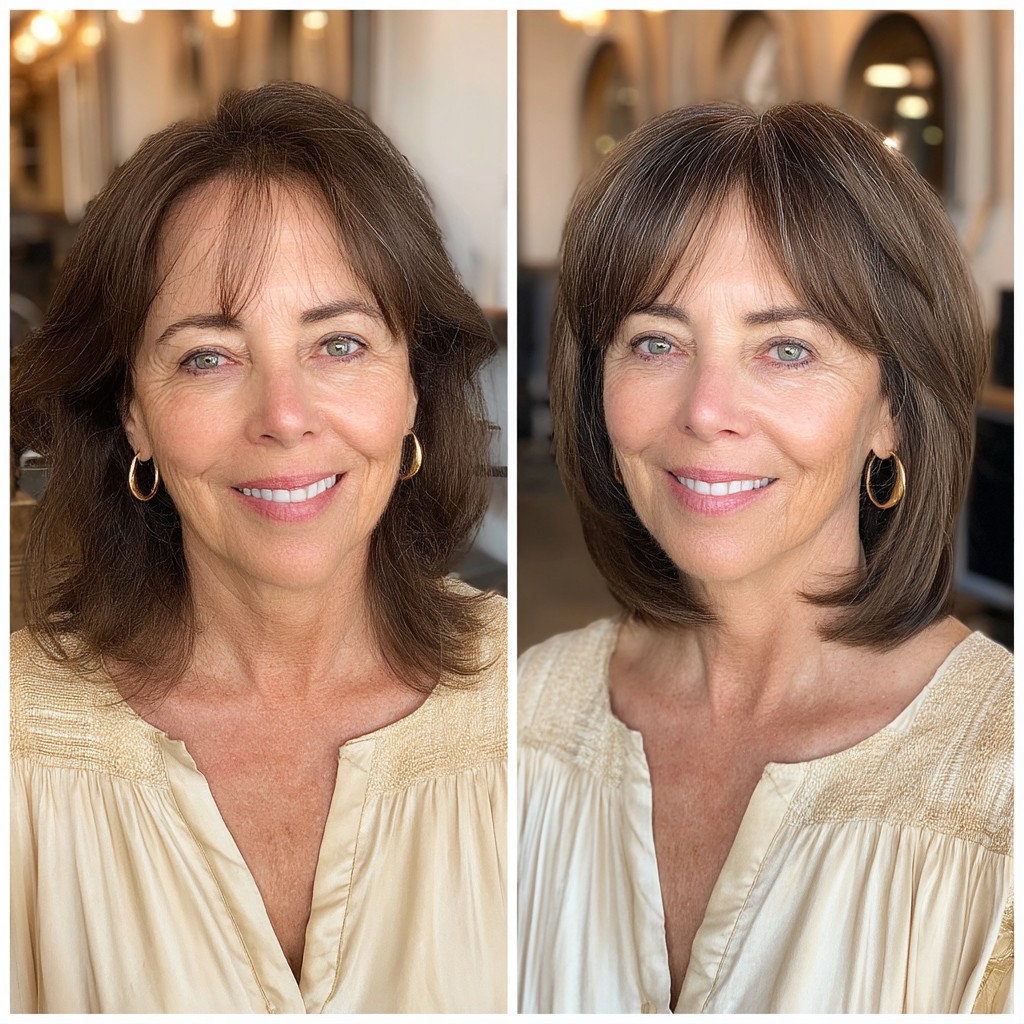 Elegant Glossy Brown Lob with Soft Layers