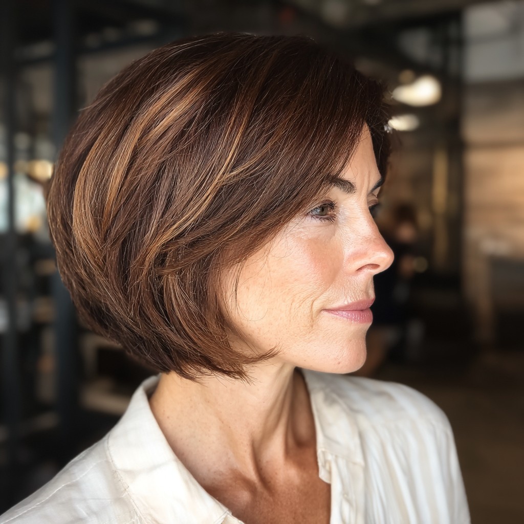 Elegant Rich Brunette A-Line Bob with Subtle Highlights
