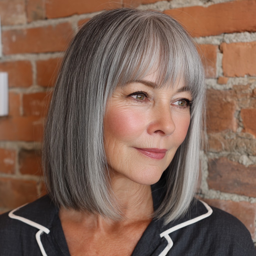 Elegant Silver Blunt Bob with Soft Bangs