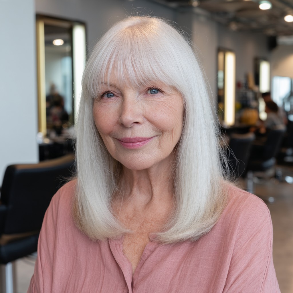 Elegant Silvery Long Bob with Soft Bangs