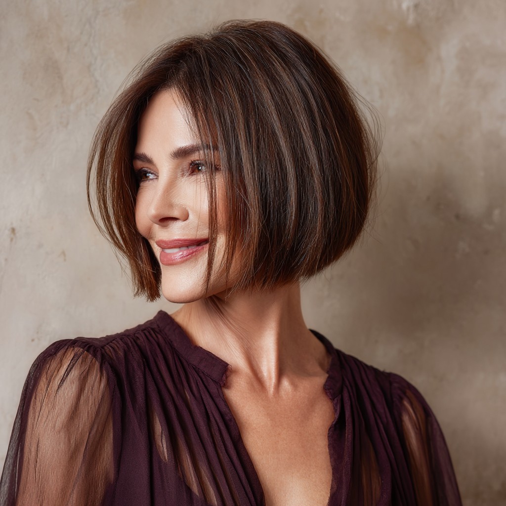 Modern Textured Chestnut Bob with Subtle Highlights