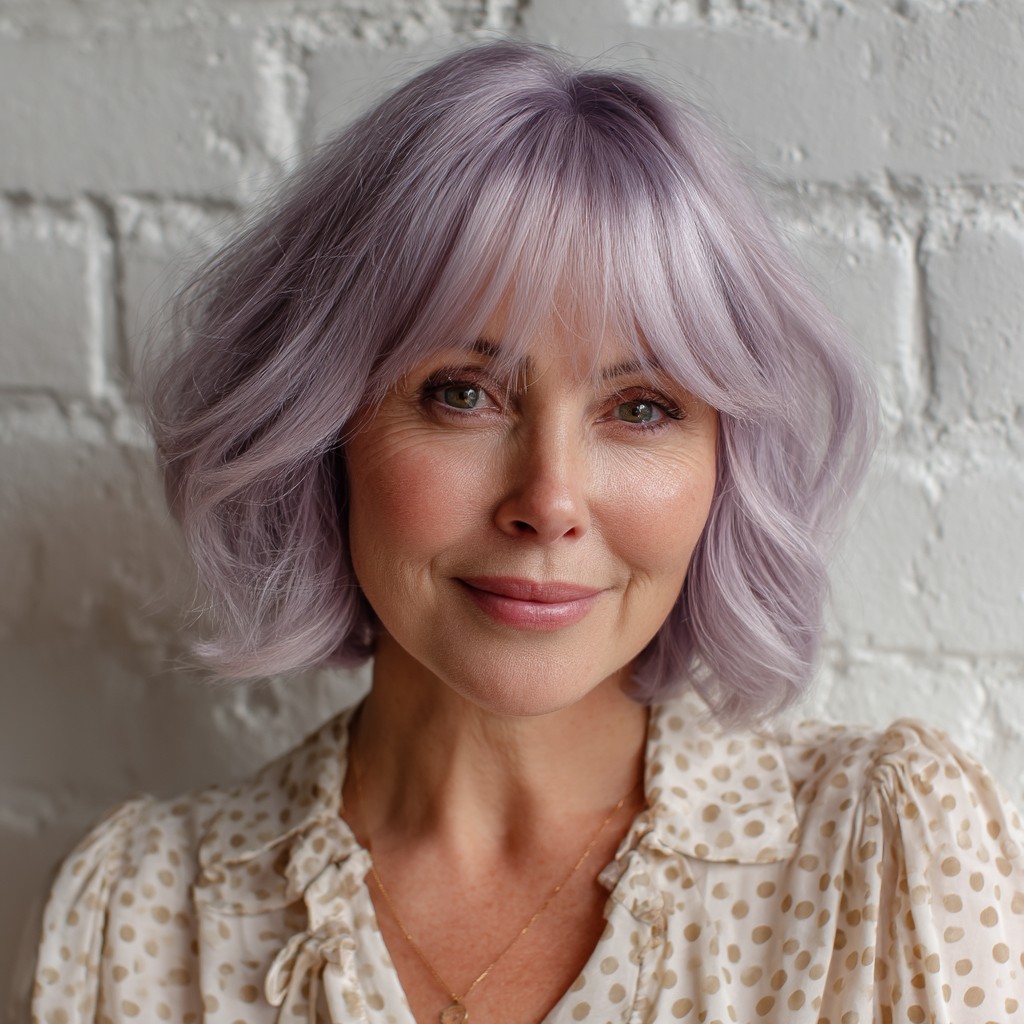 Soft Lavender Textured Bob with Wispy Bangs