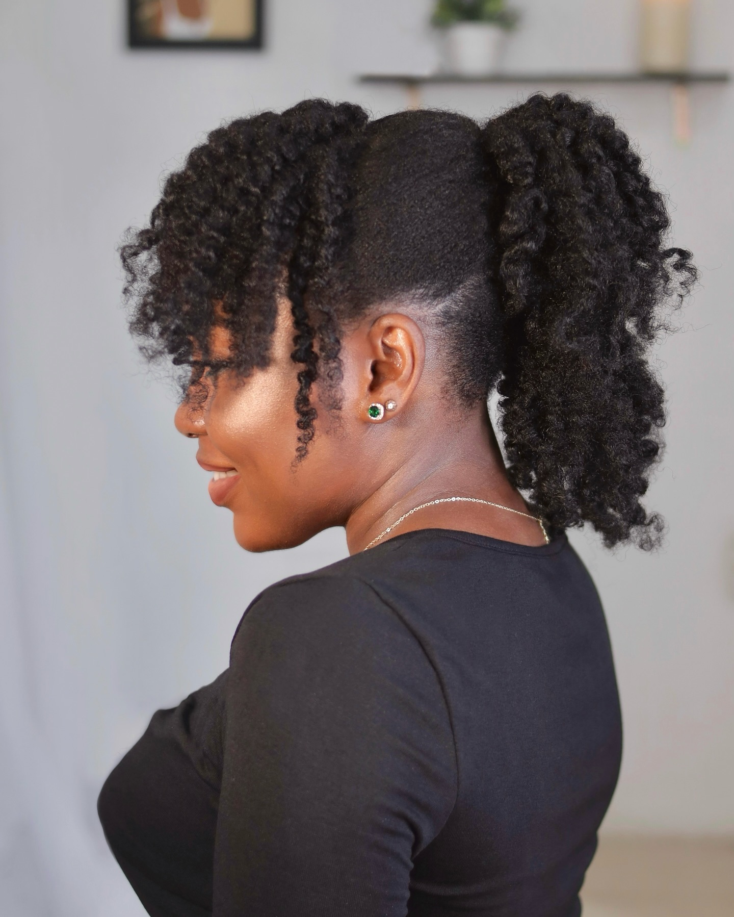 Textured High Puff with Defined Curls and Tapered Sides