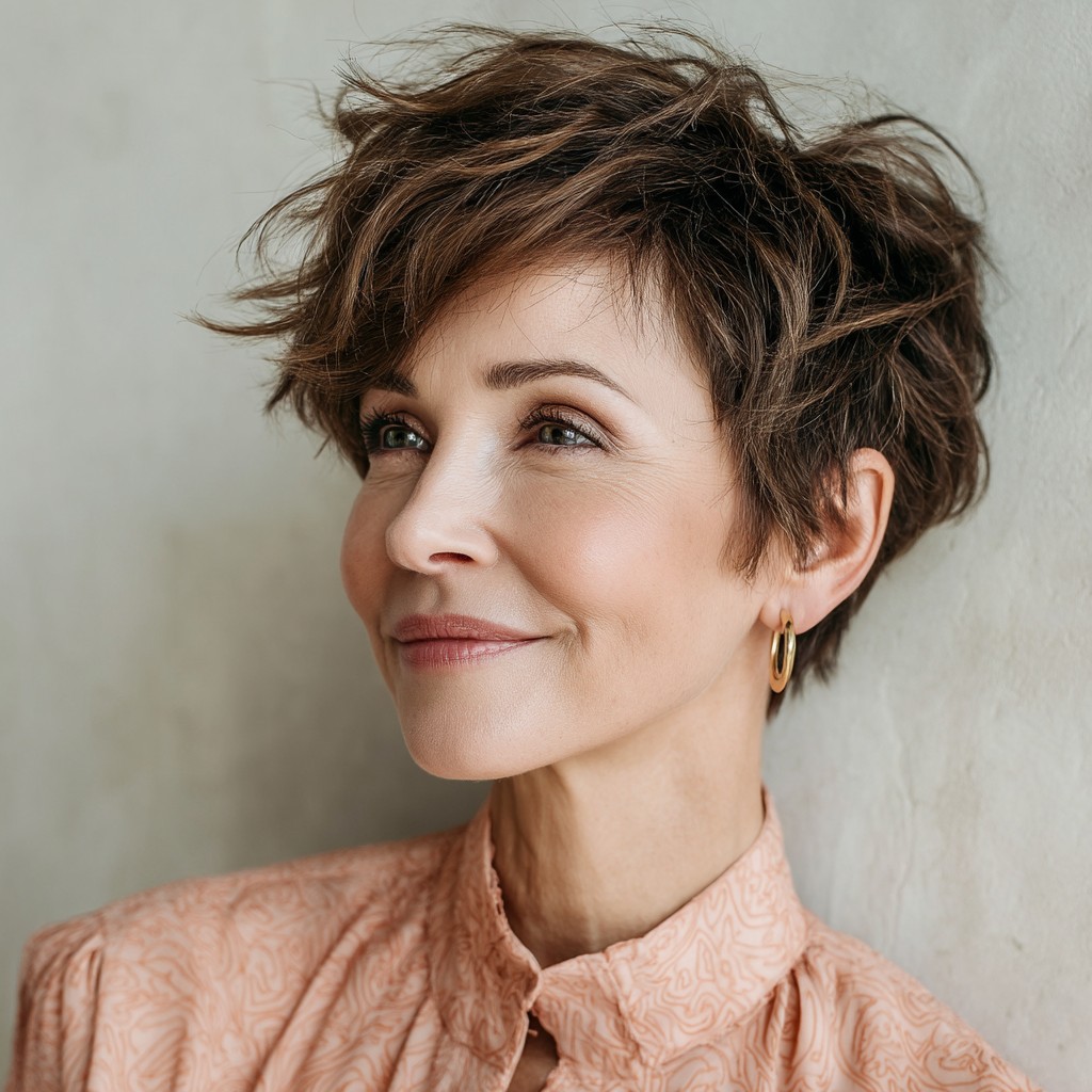 Textured Short Brown Pixie Cut with Soft Volume