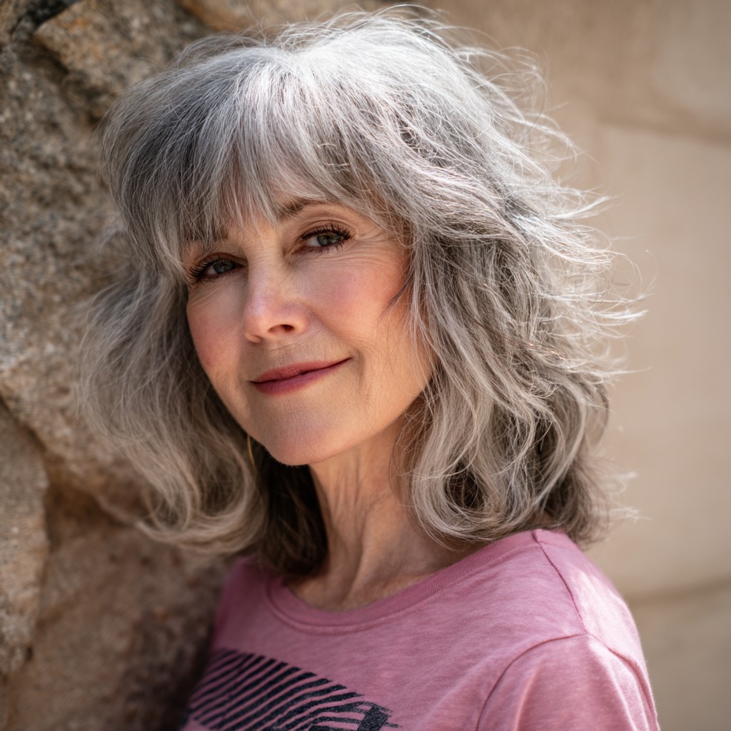 Textured Silver Medium-Length Cut with Soft Bangs