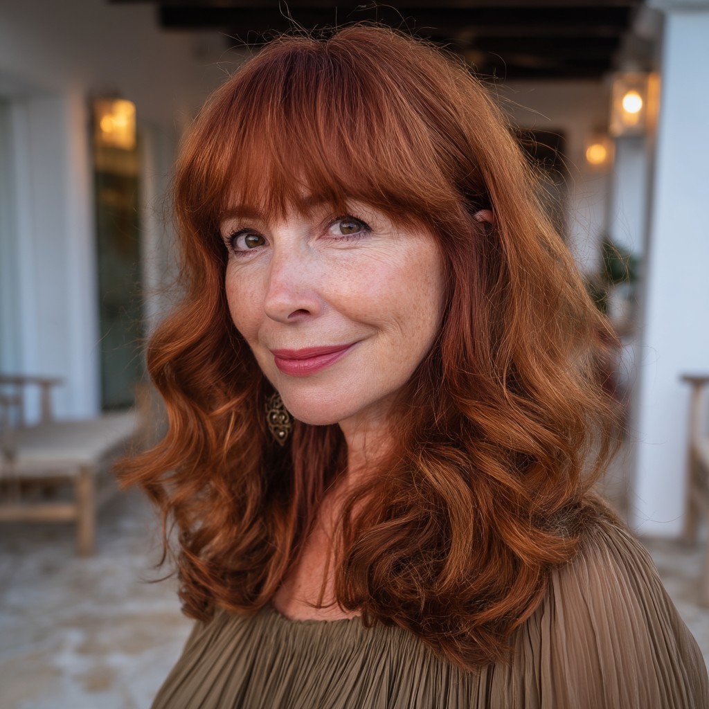 Vibrant Copper Waves with Soft Bangs
