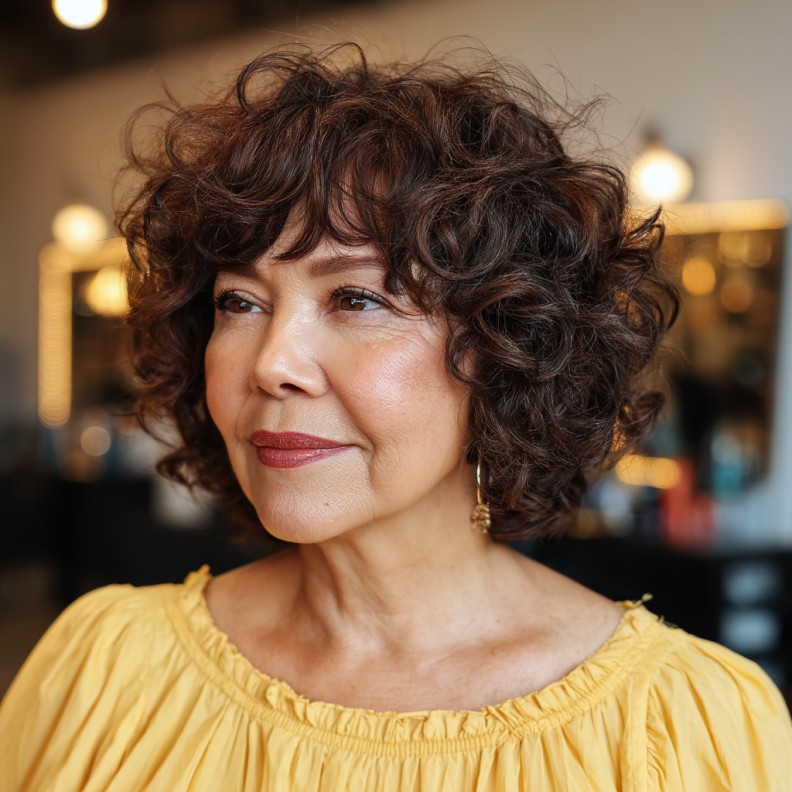 Chic Curly Bob with Soft Choppy Bangs