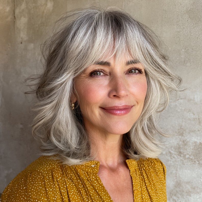 Chic Layered Silver Hair with Textured Choppy Bangs