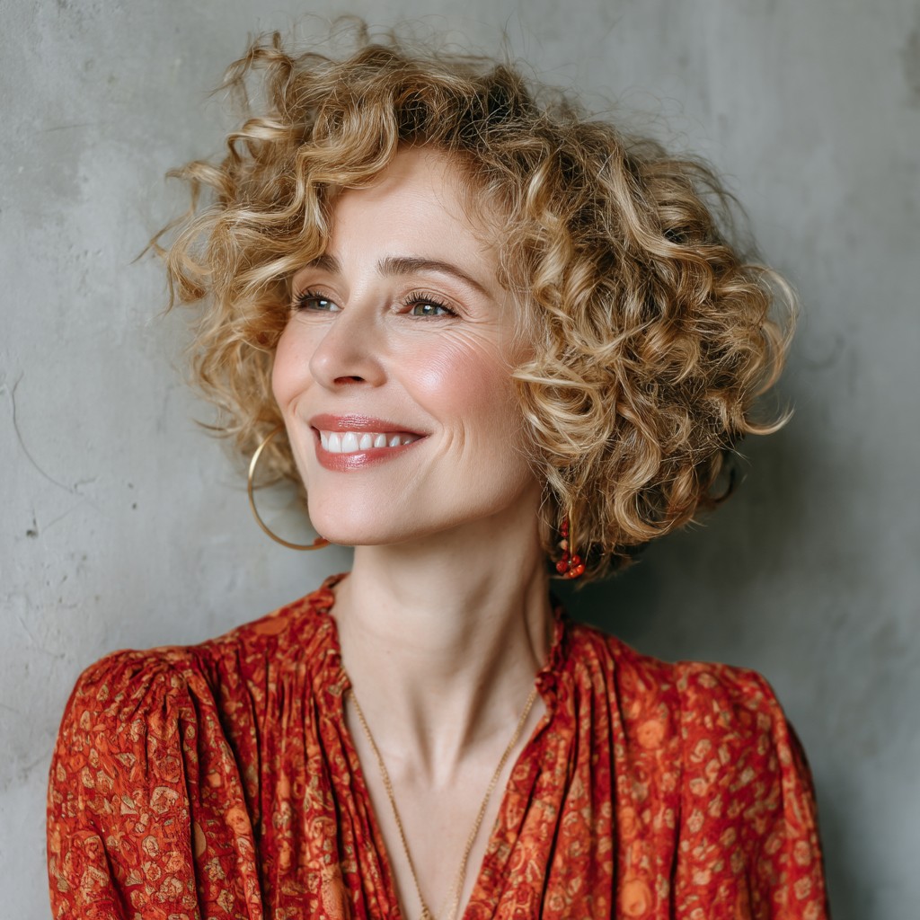 chic short curly bob with face framing layers