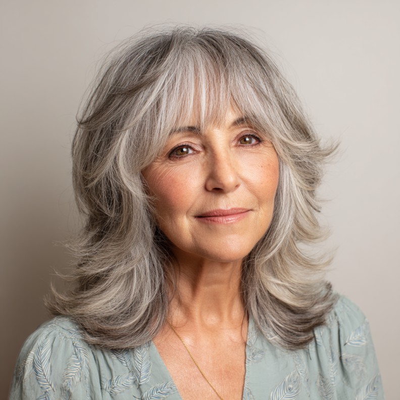 Chic Silver Choppy Bangs with Layered Waves