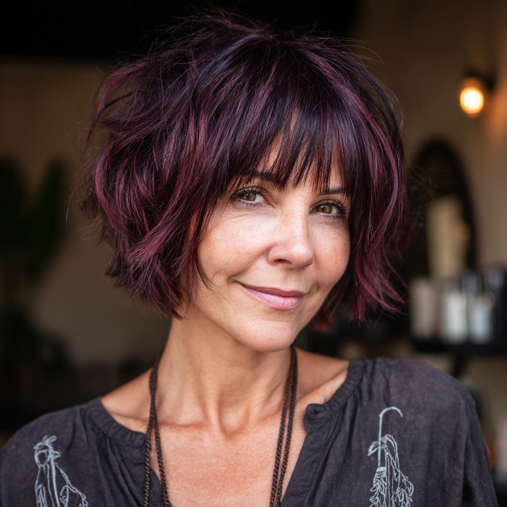 Chic Textured Bob with Bold Burgundy Highlights