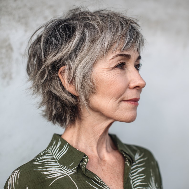 Choppy Textured Gray Pixie with Soft Bangs