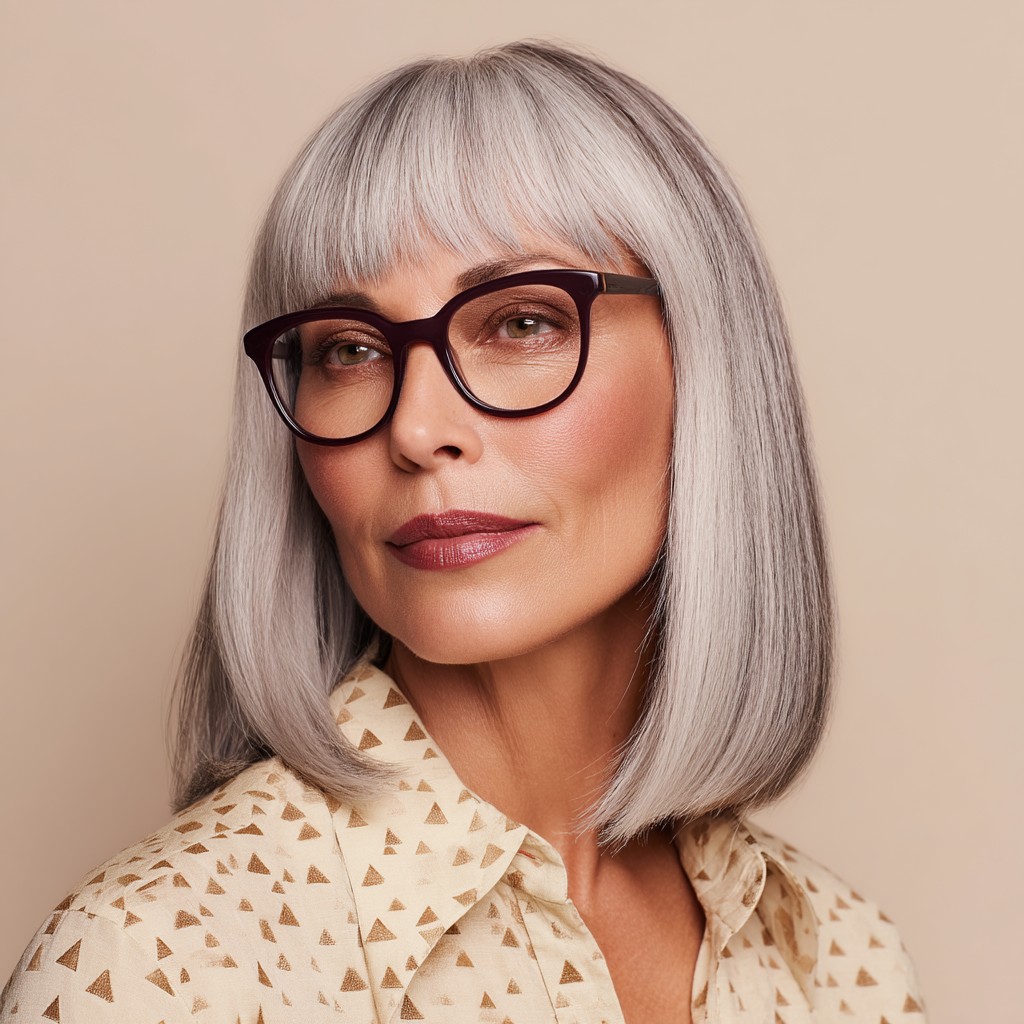 Sleek Silver Long Bob with Soft Blunt Bangs