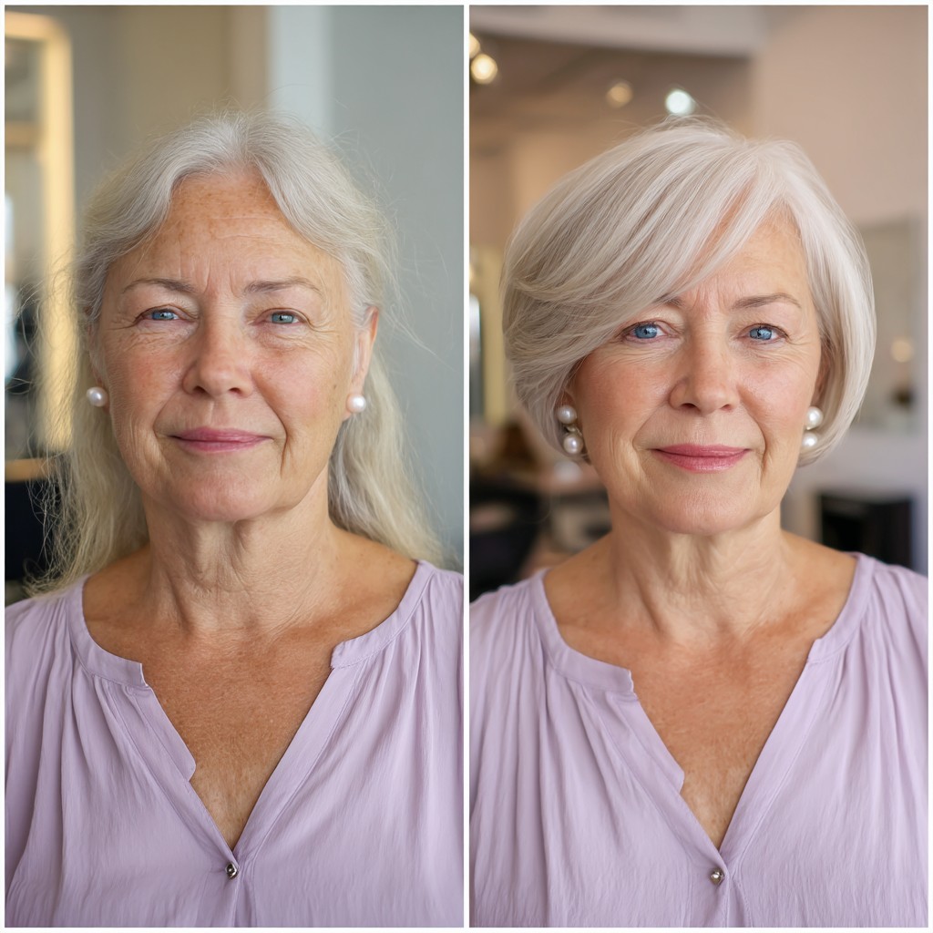 Softly Layered Silver Lob with Face-Framing Softness