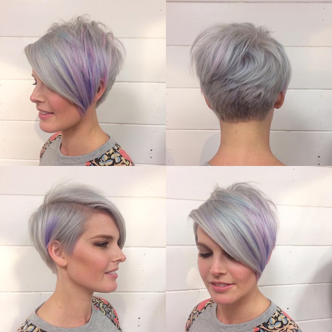 Stylish Asymmetrical Silver Pixie with Pastel Highlights