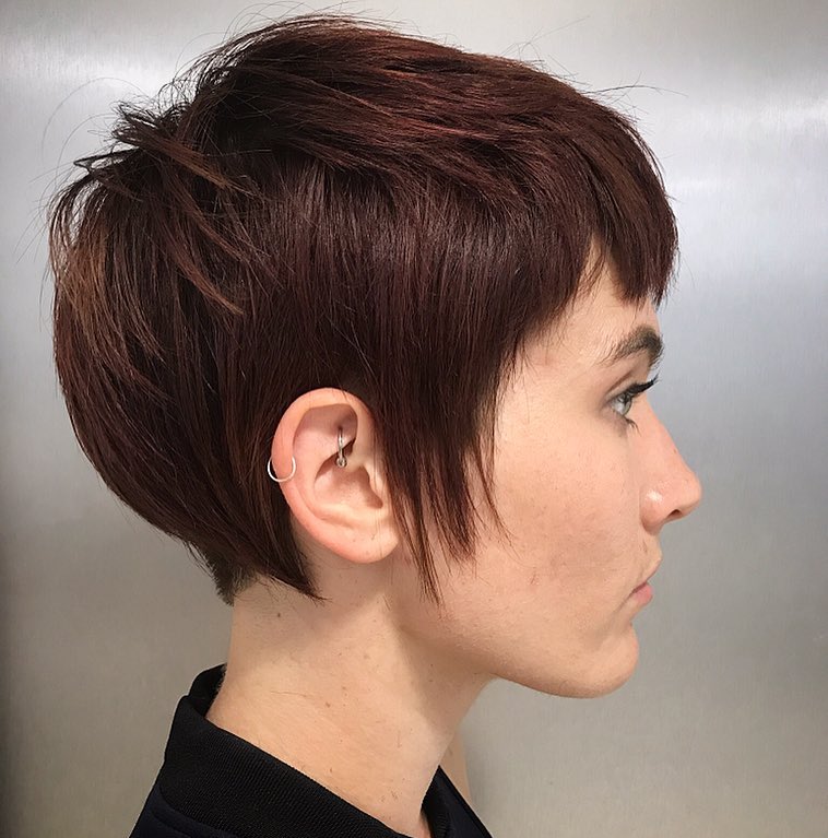 Stylish Textured Burgundy Pixie Cut with Fringe