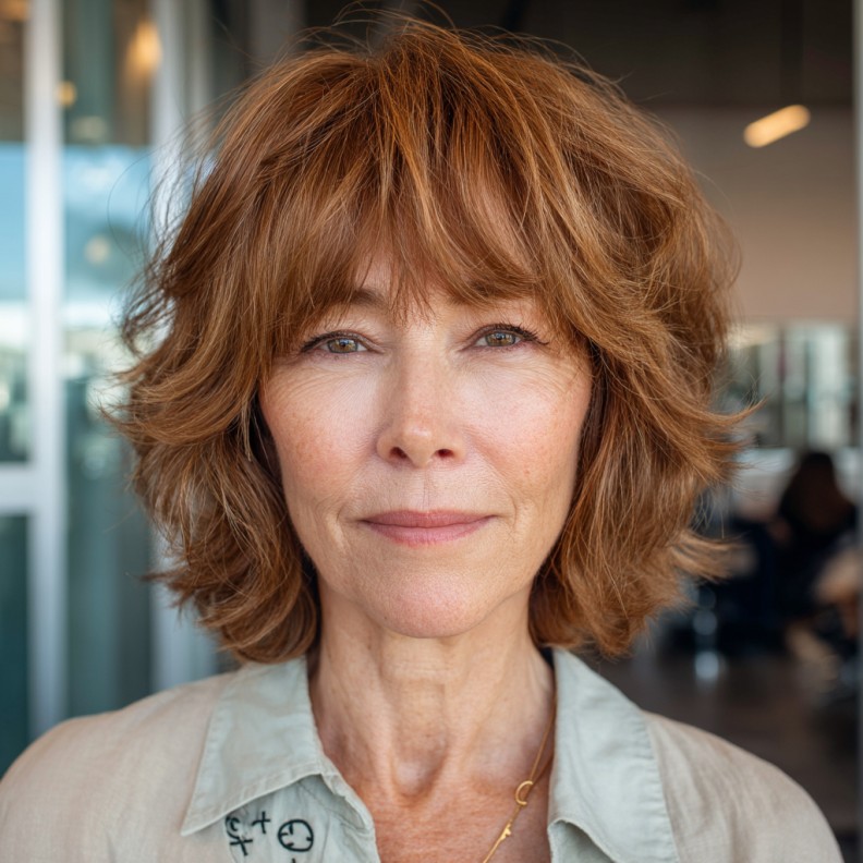 Textured Copper Choppy Bangs with Soft Layers
