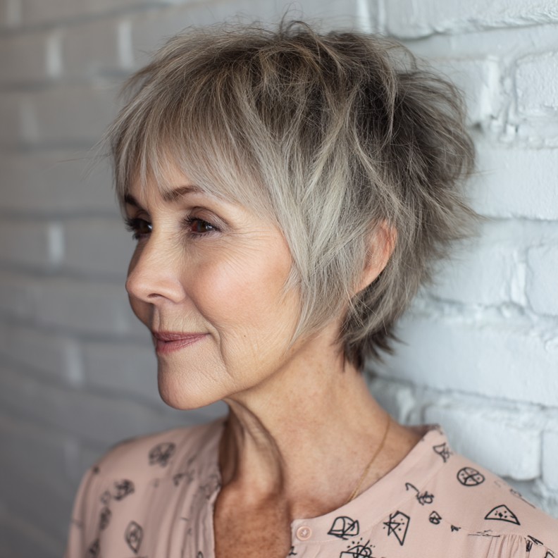 Textured Silver Choppy Bangs with Short Layered Cut