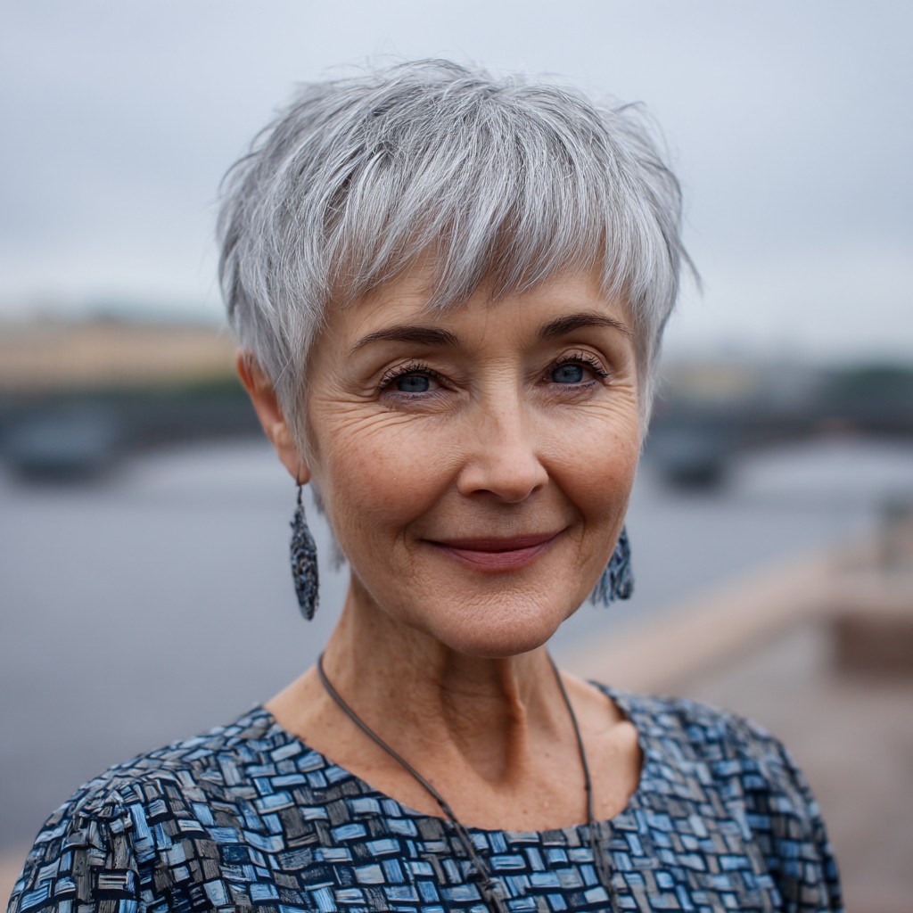 Textured Silver Pixie Cut with Soft Bangs