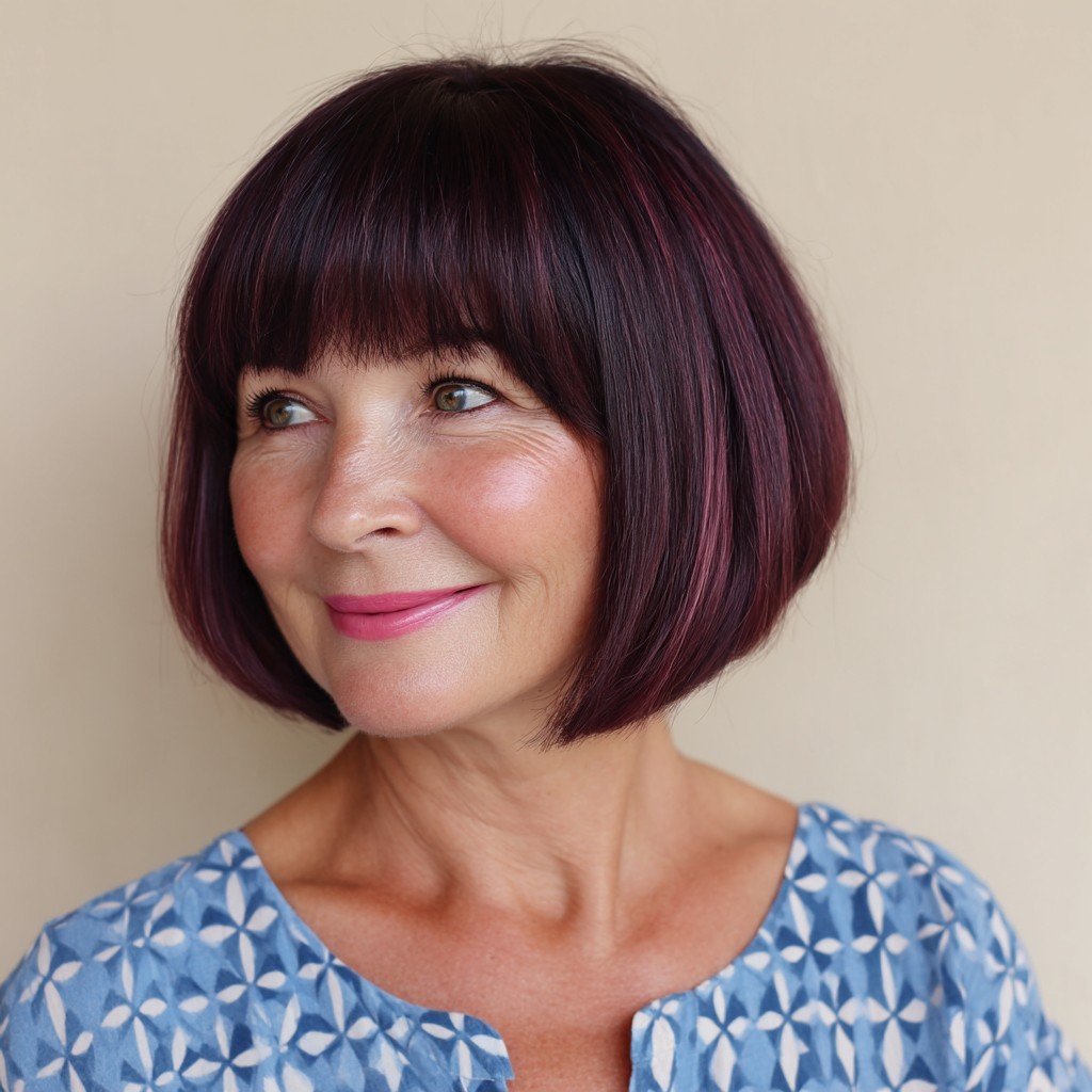 Chic Angled Bob with Subtle Burgundy Highlights