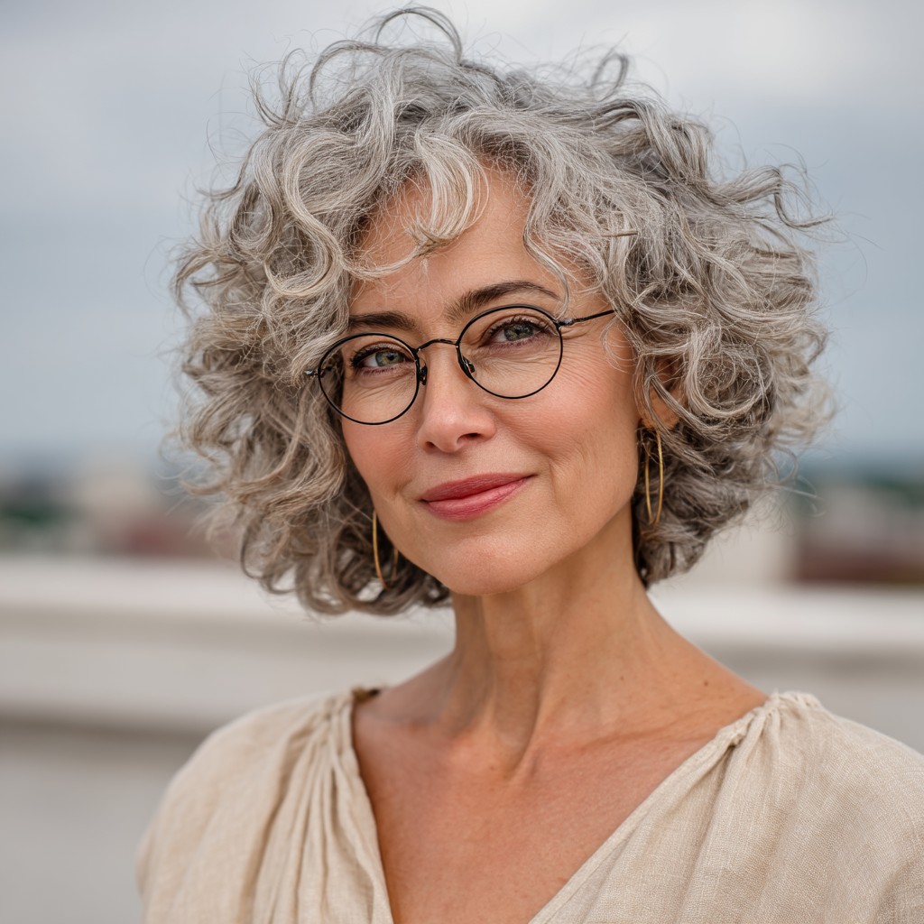 Chic Curly Gray Layered Cut with Face-Framing Volume