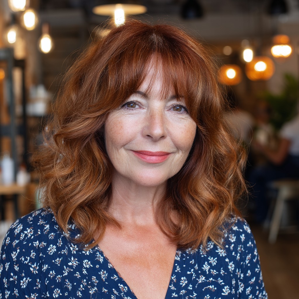 Chic Layered Copper Waves with Soft Bangs