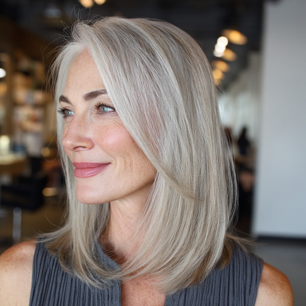 Chic Layered Silver Lob with Subtle Face Framing