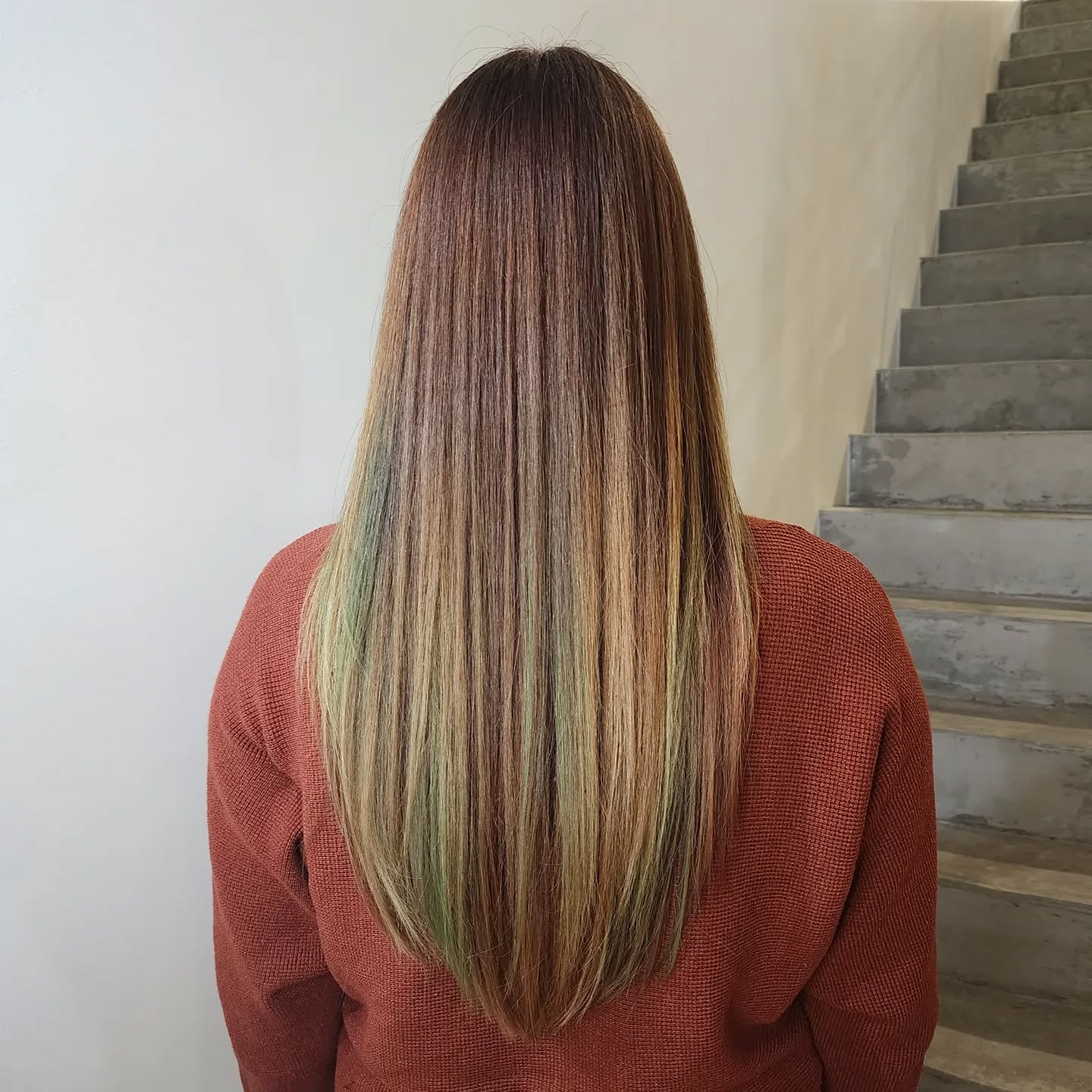 Chic Long V-Cut with Subtle Green Undertones