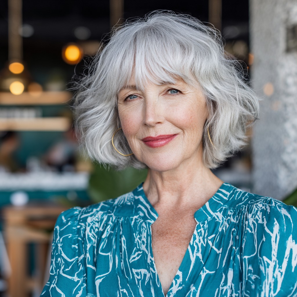 Chic Silver Curly Layered Bob