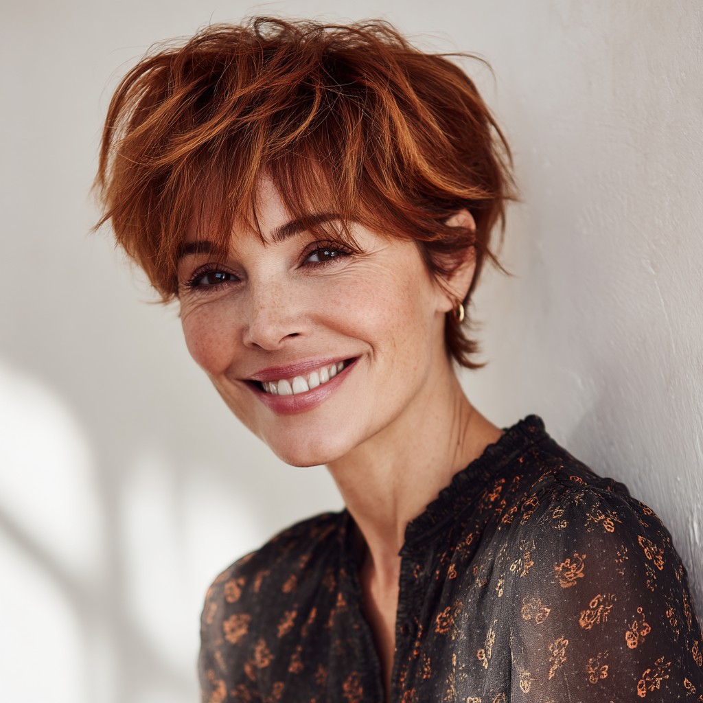 Chic Textured Copper Pixie Cut with Soft Layers