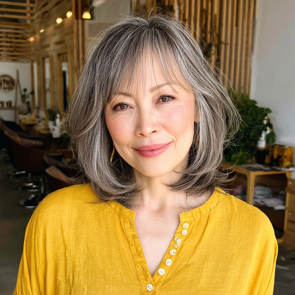 Chic Textured Gray Layered Cut with Soft Bangs