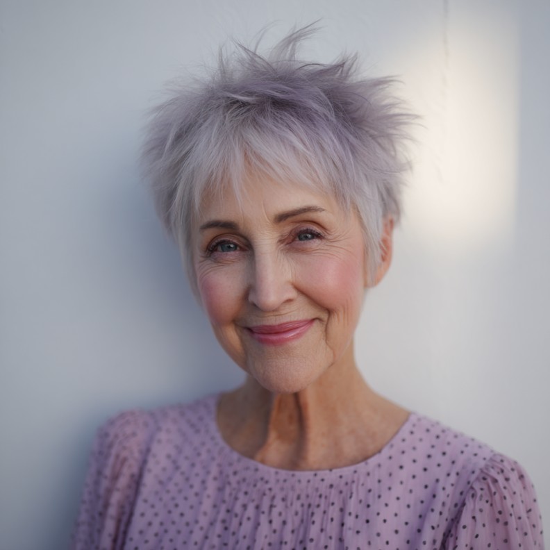 Choppy Textured Pixie Cut with Soft Lavender Tones