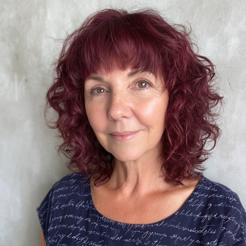 Rich Curly Wavy Shag with Short Bangs