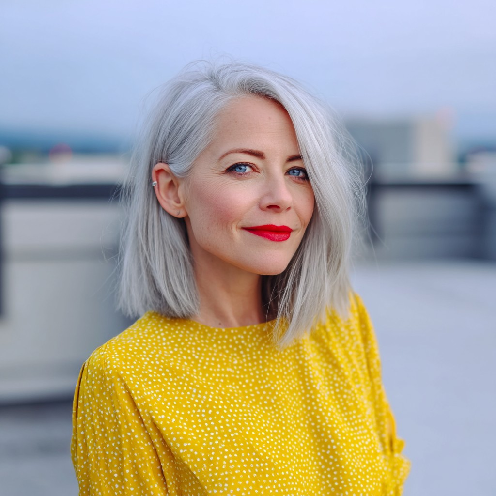 Sleek Straight Silver Lob with Subtle Textured Ends