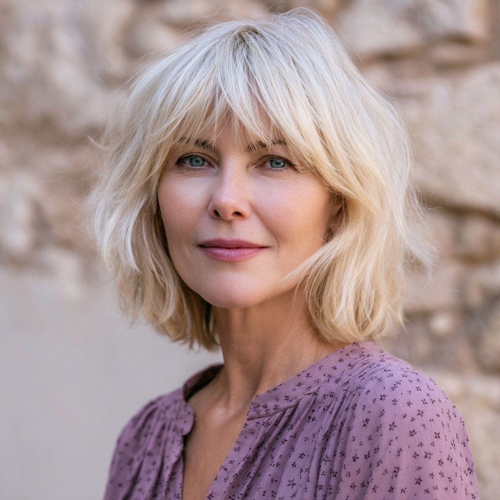 Soft Layered Blonde Lob with Wispy Bangs