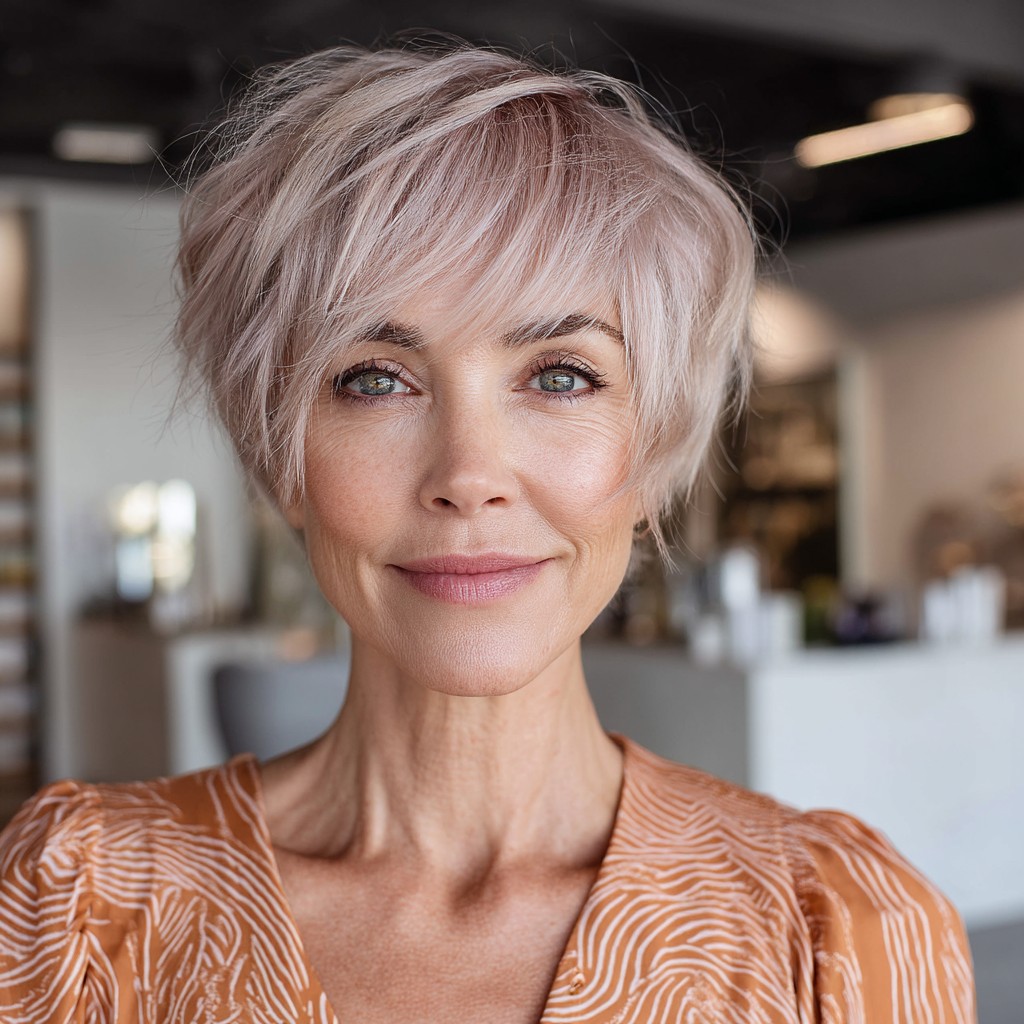 Textured Blush Pixie Cut with Feathered Layers